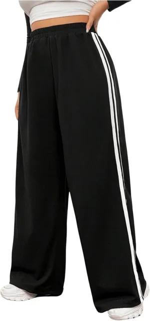 MakeMeChic Women's Plus Size Striped Elastic Waist Wide Leg Baggy Jogger Sweatpants Active Trousers