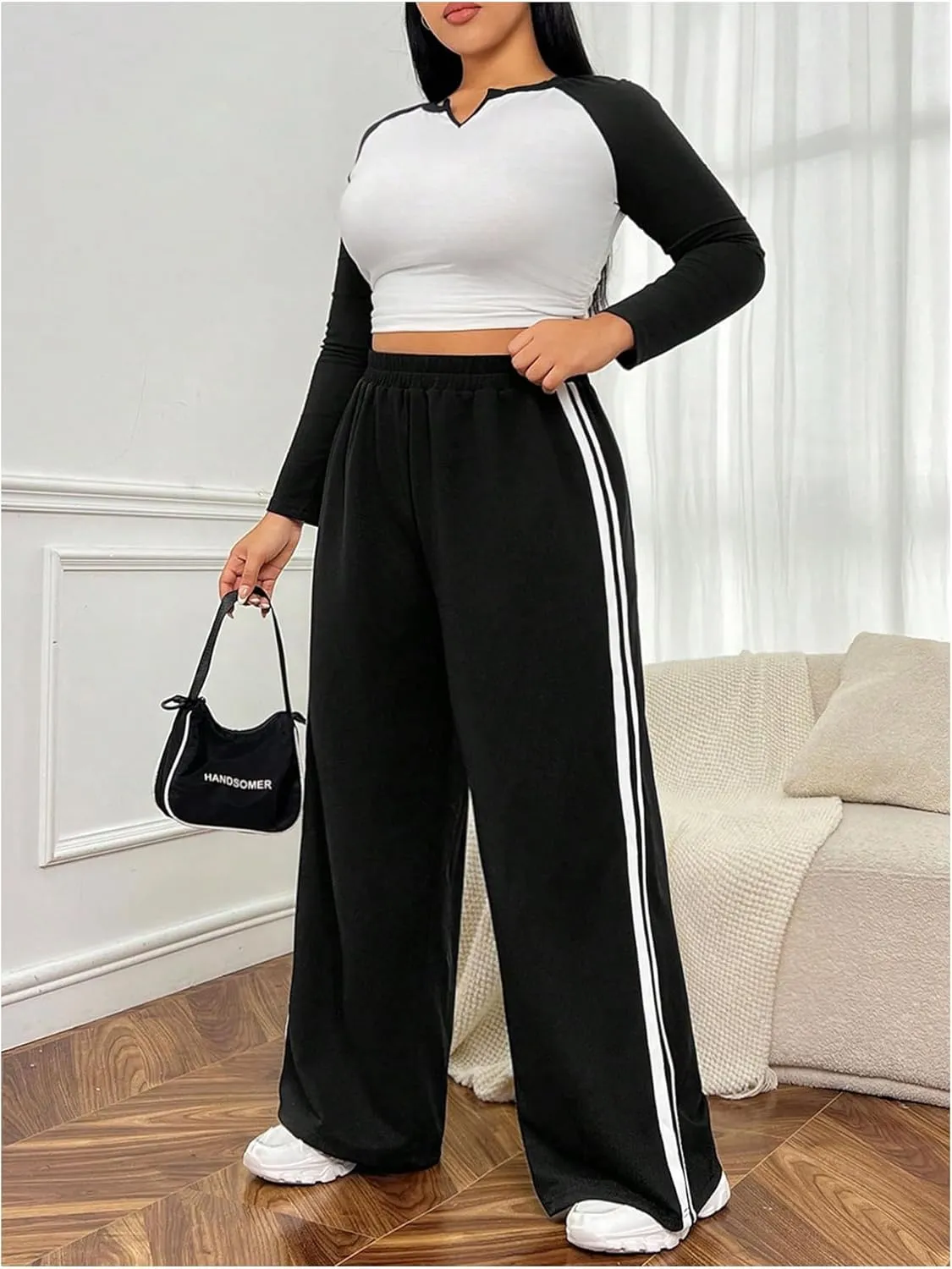 MakeMeChic Women's Plus Size Striped Elastic Waist Wide Leg Baggy Jogger Sweatpants Active Trousers