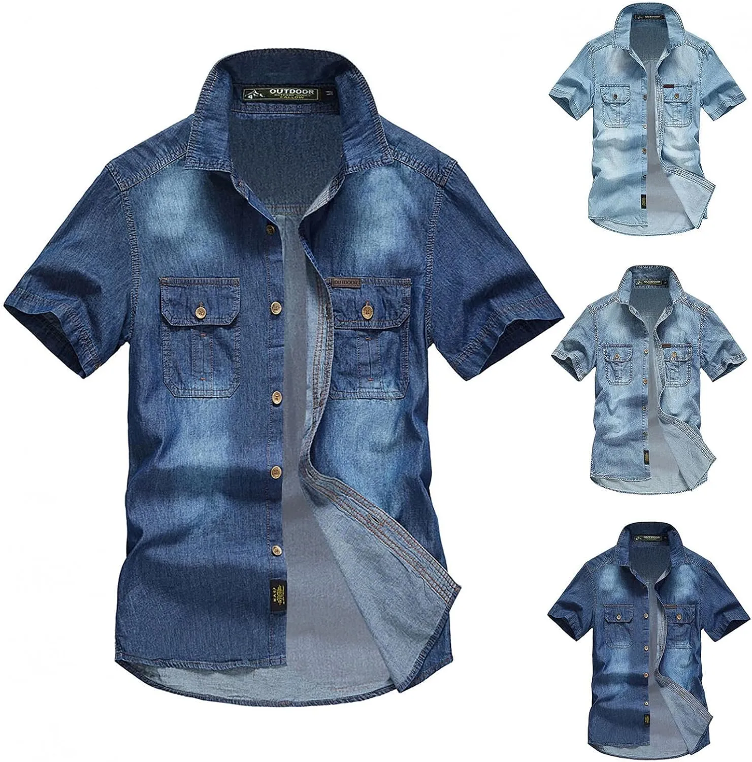 Maryia Men's Retro Distressed Denim Shirt Cotton Plus Size Short Sleeve Button Down Casual Lapel Washed Work Jean Shirt