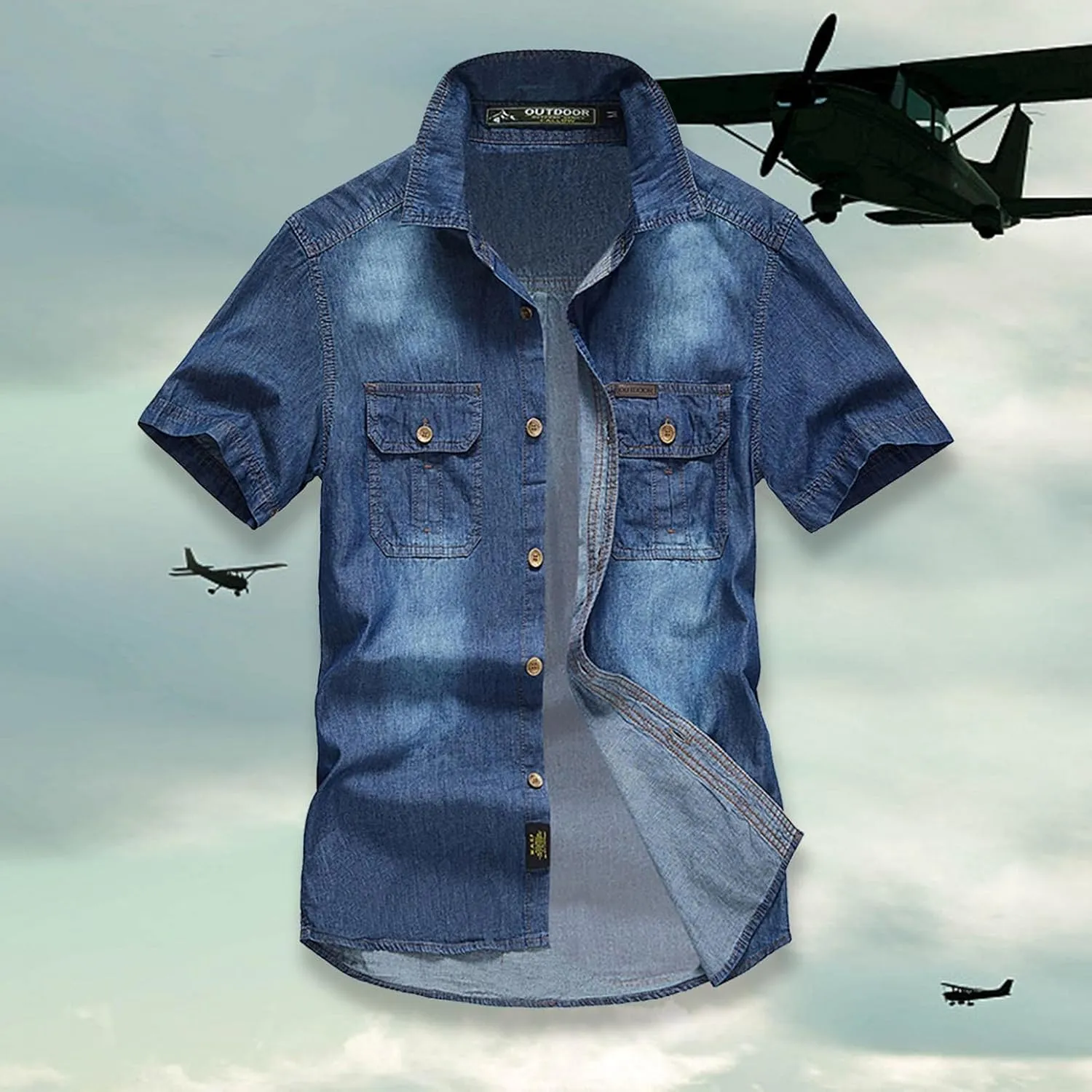 Maryia Men's Retro Distressed Denim Shirt Cotton Plus Size Short Sleeve Button Down Casual Lapel Washed Work Jean Shirt
