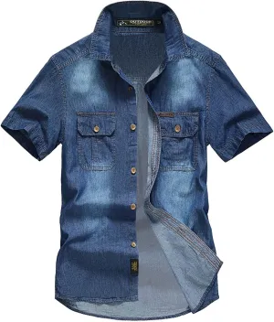 Maryia Men's Retro Distressed Denim Shirt Cotton Plus Size Short Sleeve Button Down Casual Lapel Washed Work Jean Shirt