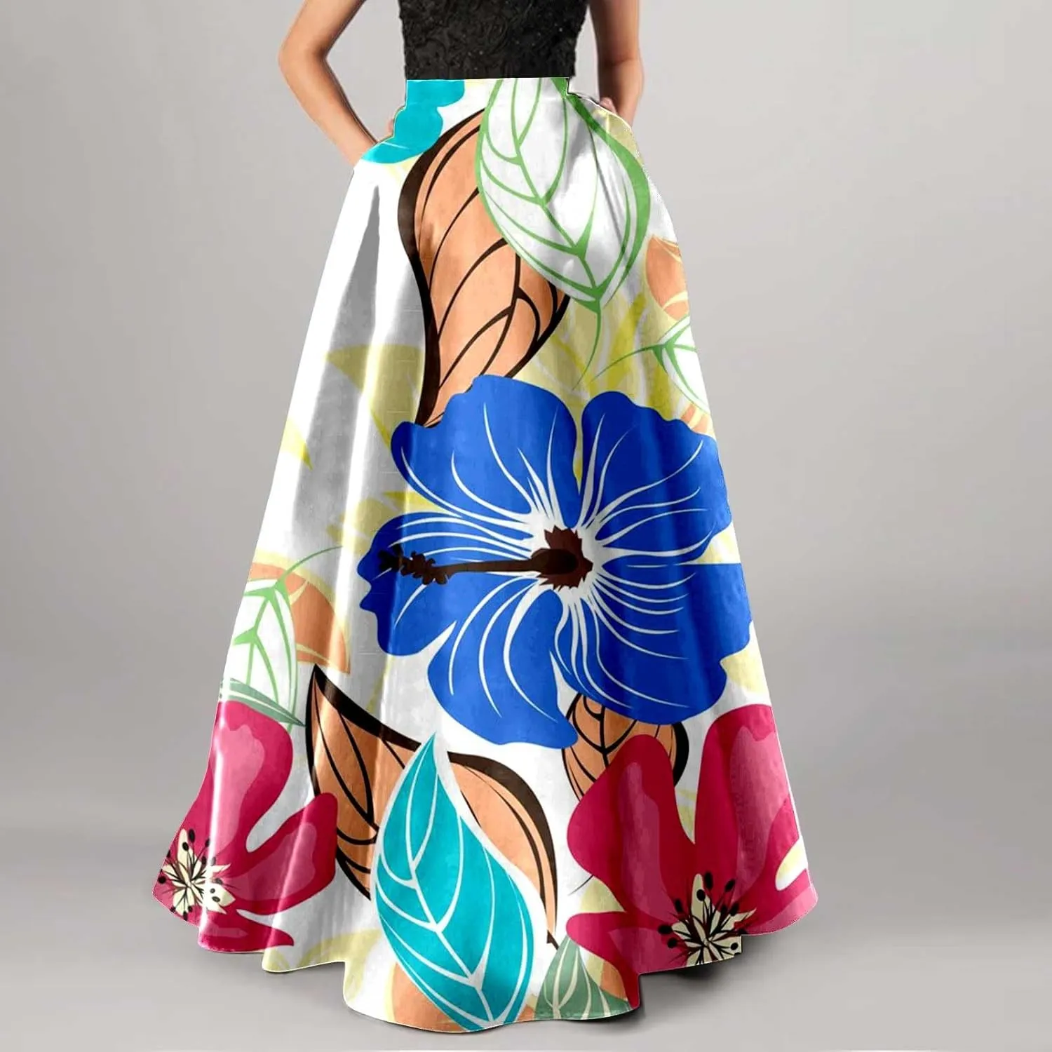 Maxi Boho Skirts for Women Summer Floral Print Skirts Long Vintage Dress Beach Vacation Outfit Clothes with Pockets
