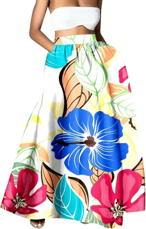Maxi Boho Skirts for Women Summer Floral Print Skirts Long Vintage Dress Beach Vacation Outfit Clothes with Pockets