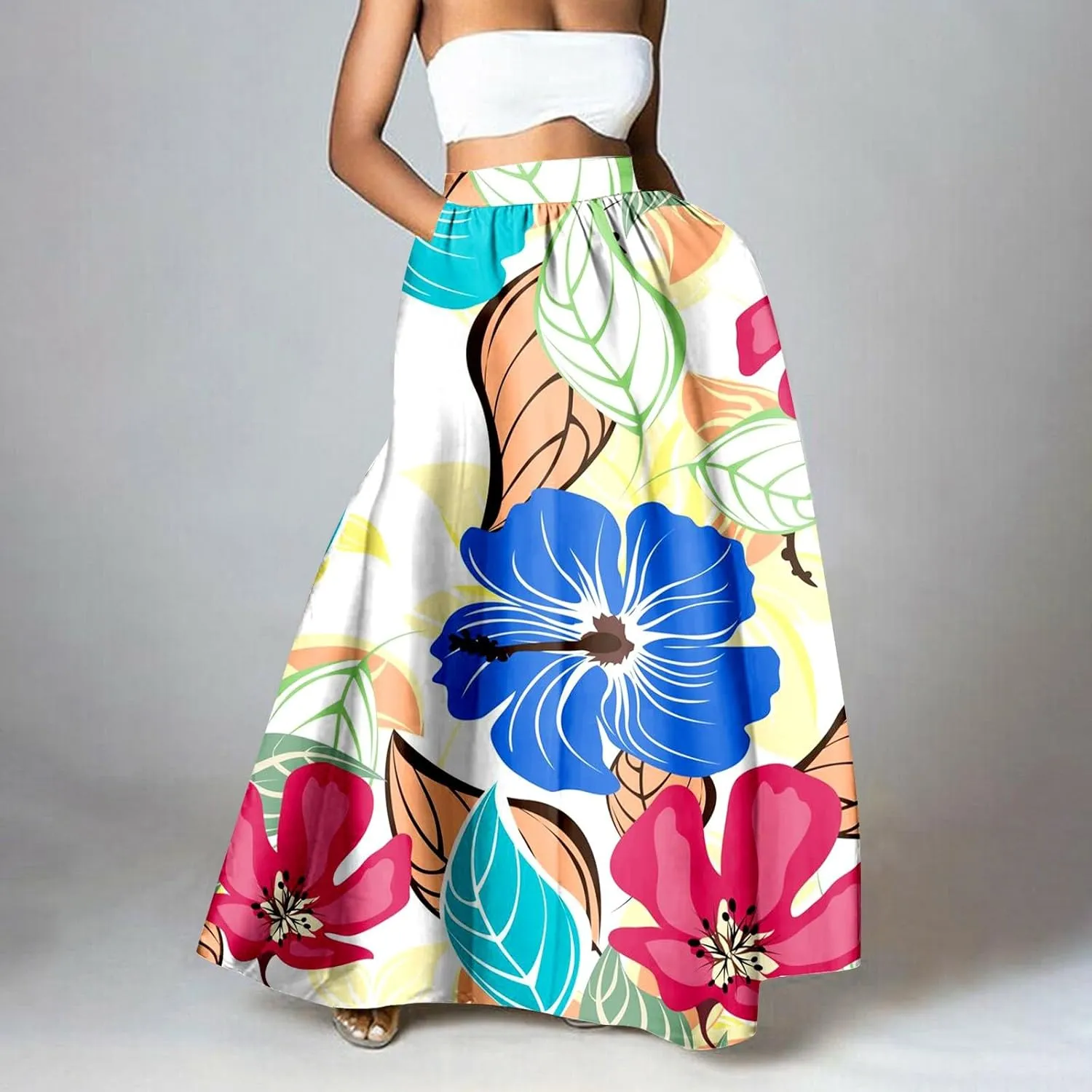 Maxi Boho Skirts for Women Summer Floral Print Skirts Long Vintage Dress Beach Vacation Outfit Clothes with Pockets