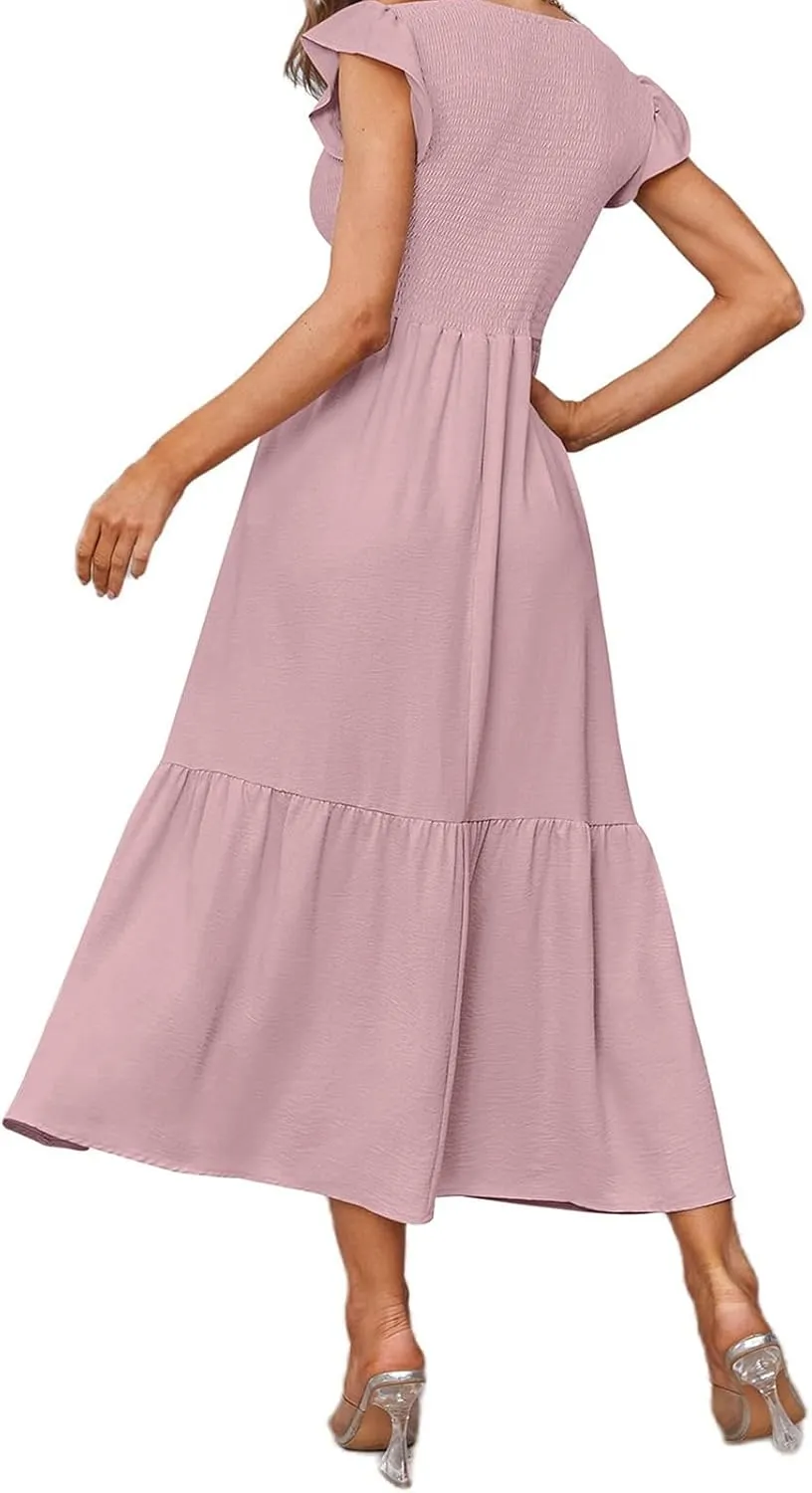 Maxi Dresses for Women 2025 Ruffle Sleeve Crewneck Maxi Casual Dressy Waist Dresses Summer Swing Modest Dress