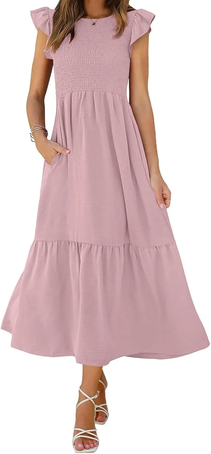 Maxi Dresses for Women 2025 Ruffle Sleeve Crewneck Maxi Casual Dressy Waist Dresses Summer Swing Modest Dress