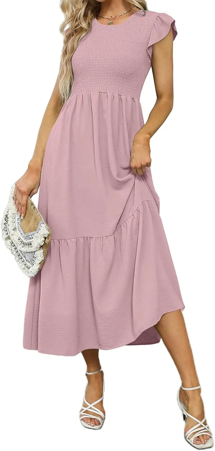 Maxi Dresses for Women 2025 Ruffle Sleeve Crewneck Maxi Casual Dressy Waist Dresses Summer Swing Modest Dress