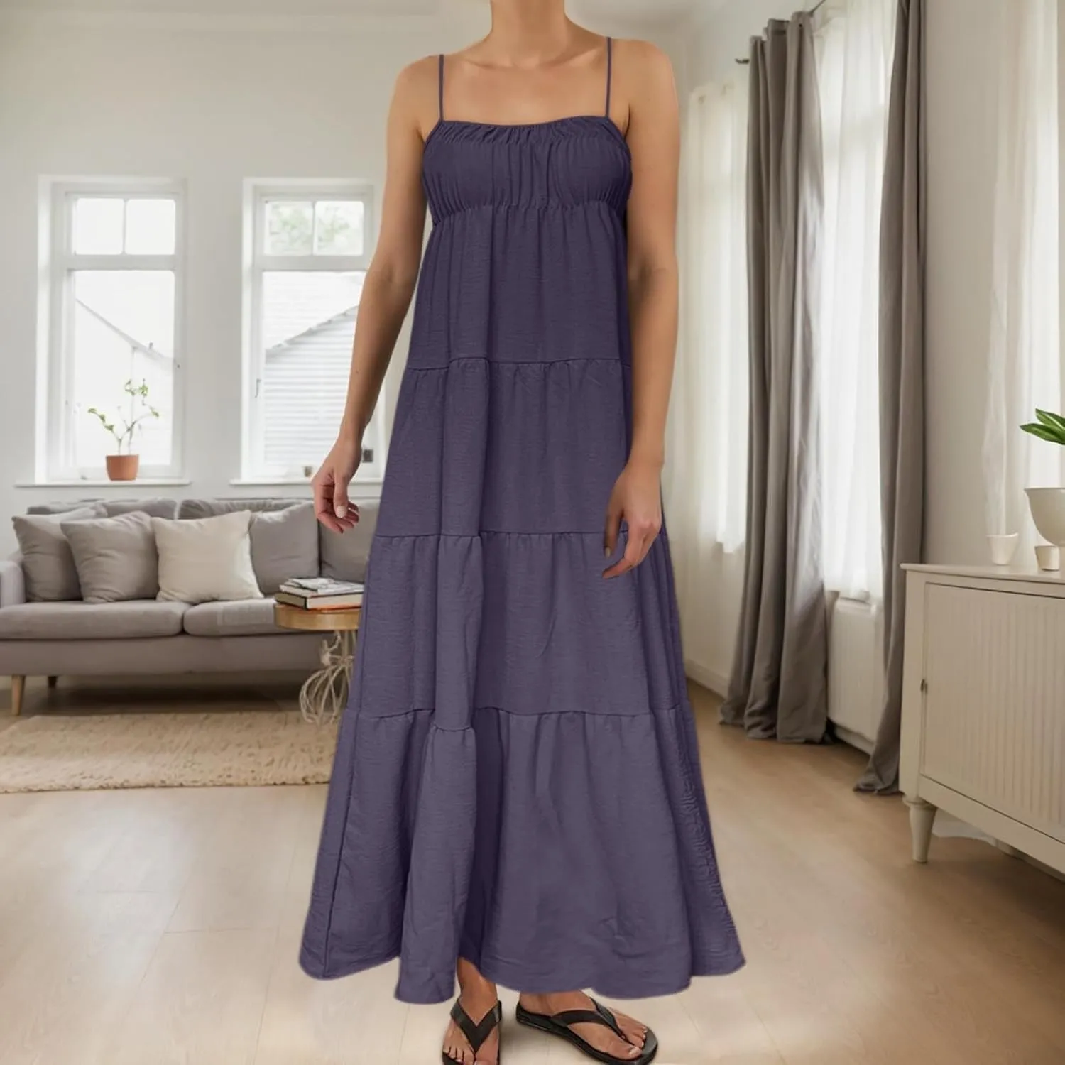 Maxi Dresses for Women 2025 Summer Spaghetti Strap Ruffle Tired Backless Sleeveless Midi Dress Beach Sundress