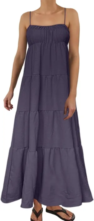 Maxi Dresses for Women 2025 Summer Spaghetti Strap Ruffle Tired Backless Sleeveless Midi Dress Beach Sundress