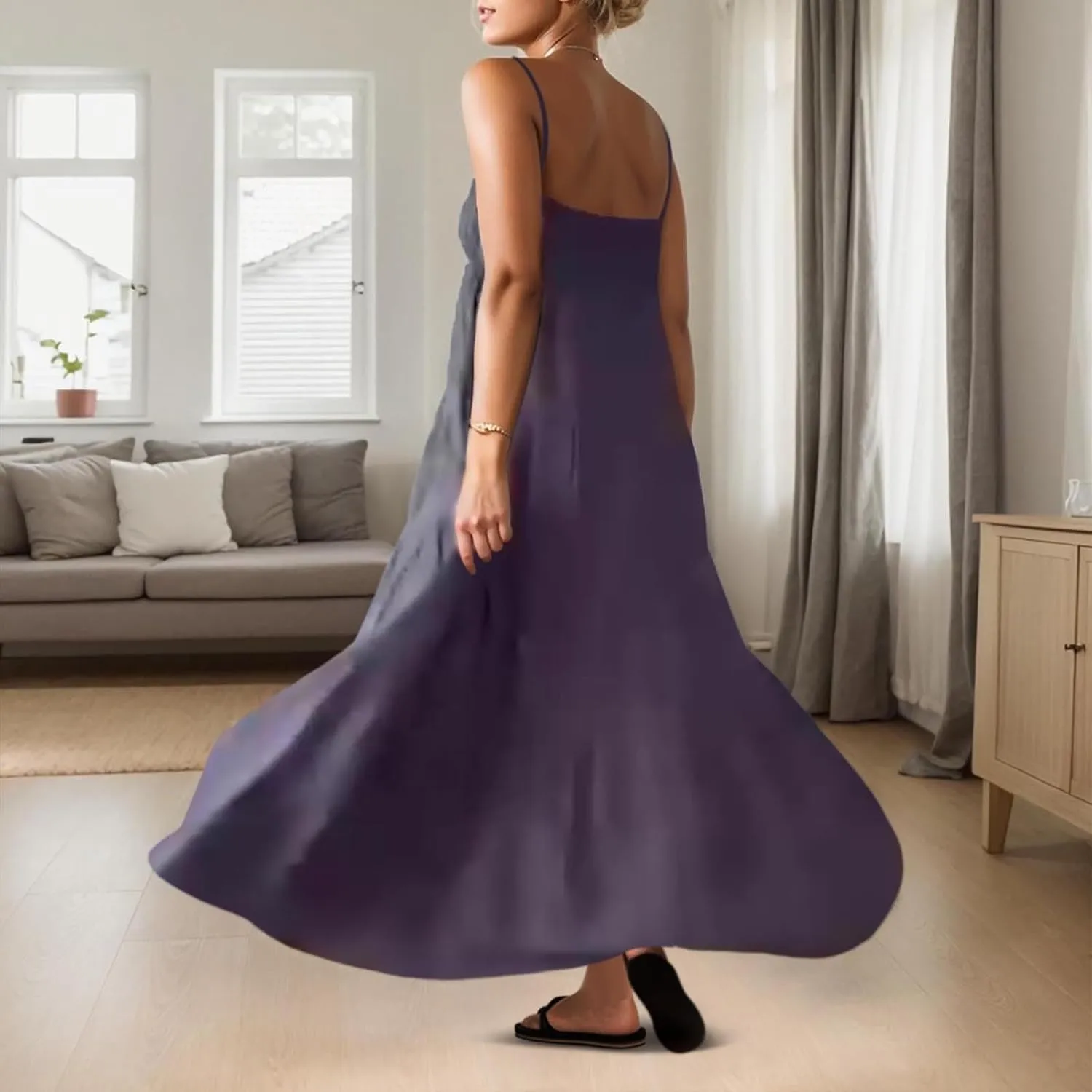 Maxi Dresses for Women 2025 Summer Spaghetti Strap Ruffle Tired Backless Sleeveless Midi Dress Beach Sundress