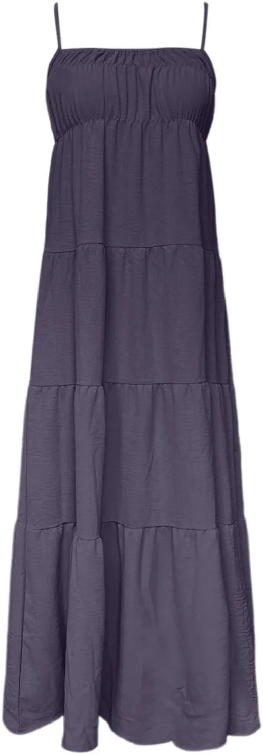 Maxi Dresses for Women 2025 Summer Spaghetti Strap Ruffle Tired Backless Sleeveless Midi Dress Beach Sundress