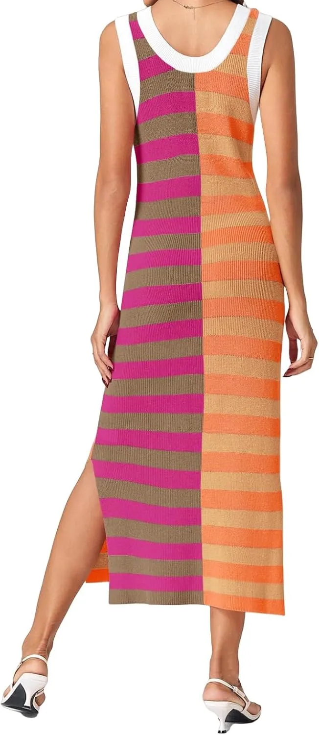 Maxi Dresses for Women 2025 Sundress Knitted Sleeveless U Neck Tank Tops Striped Dresses Color Block Fashion Trendy