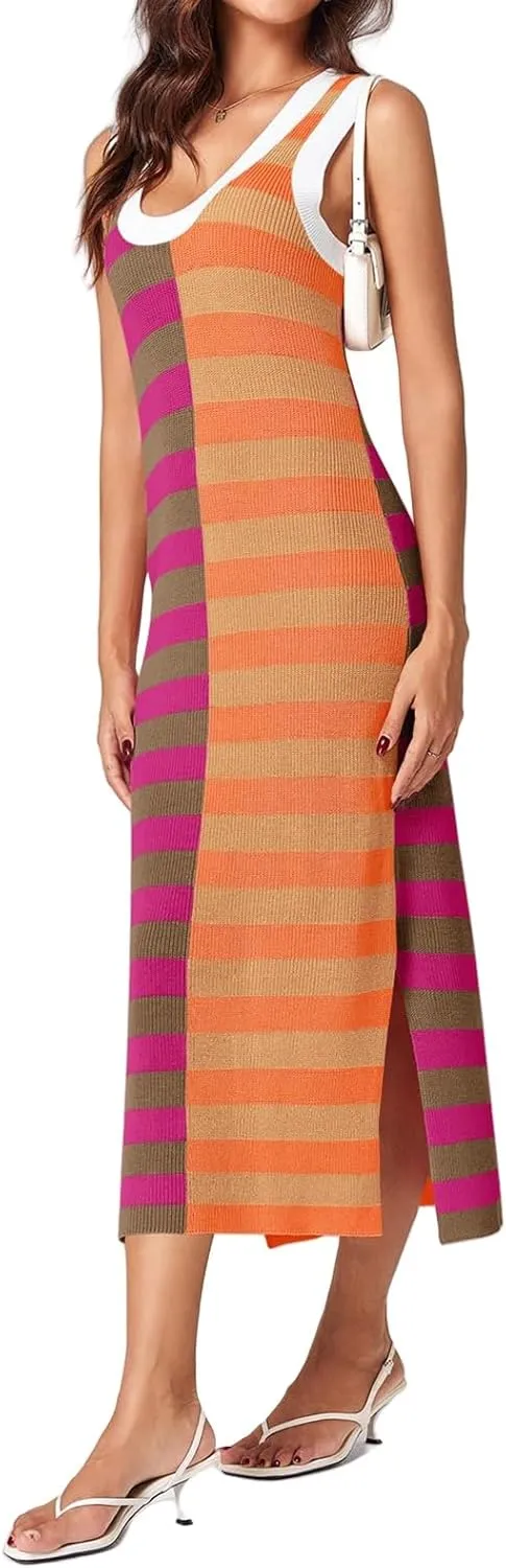 Maxi Dresses for Women 2025 Sundress Knitted Sleeveless U Neck Tank Tops Striped Dresses Color Block Fashion Trendy