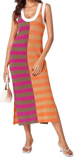 Maxi Dresses for Women 2025 Sundress Knitted Sleeveless U Neck Tank Tops Striped Dresses Color Block Fashion Trendy