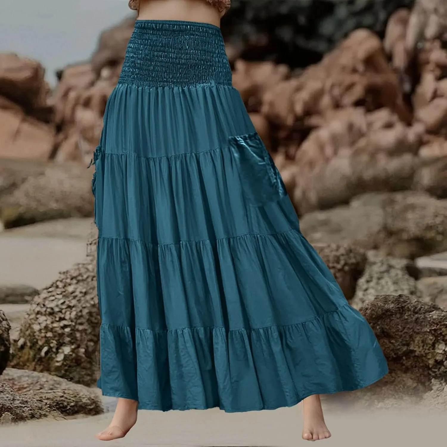 Maxi Dresses for Women Elastic High Waisted Casual Boho Full Skirt Beach Pleated Hippie Gypsy Skirt with Pockets