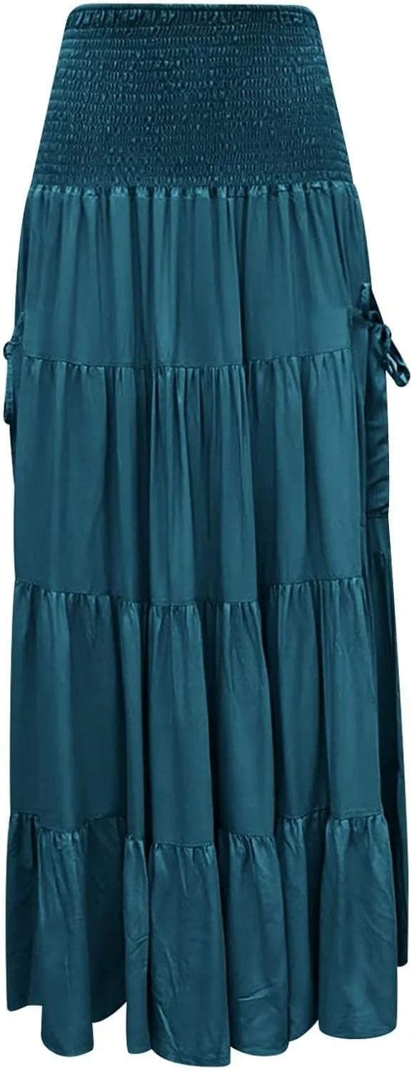 Maxi Dresses for Women Elastic High Waisted Casual Boho Full Skirt Beach Pleated Hippie Gypsy Skirt with Pockets