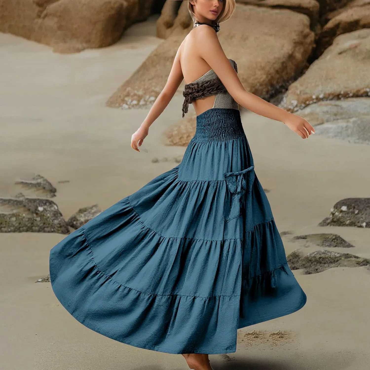 Maxi Dresses for Women Elastic High Waisted Casual Boho Full Skirt Beach Pleated Hippie Gypsy Skirt with Pockets