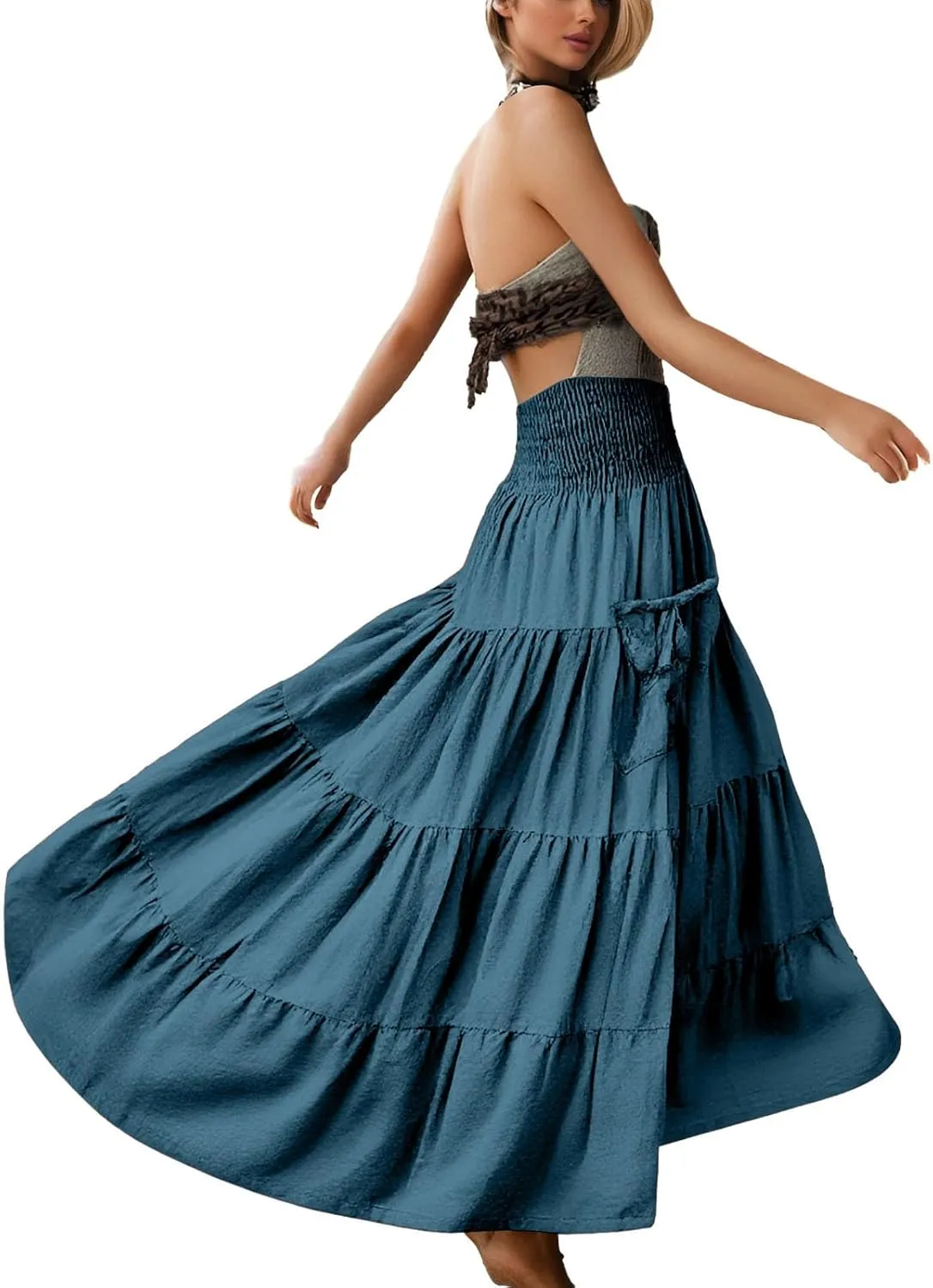 Maxi Dresses for Women Elastic High Waisted Casual Boho Full Skirt Beach Pleated Hippie Gypsy Skirt with Pockets