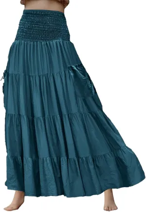 Maxi Dresses for Women Elastic High Waisted Casual Boho Full Skirt Beach Pleated Hippie Gypsy Skirt with Pockets