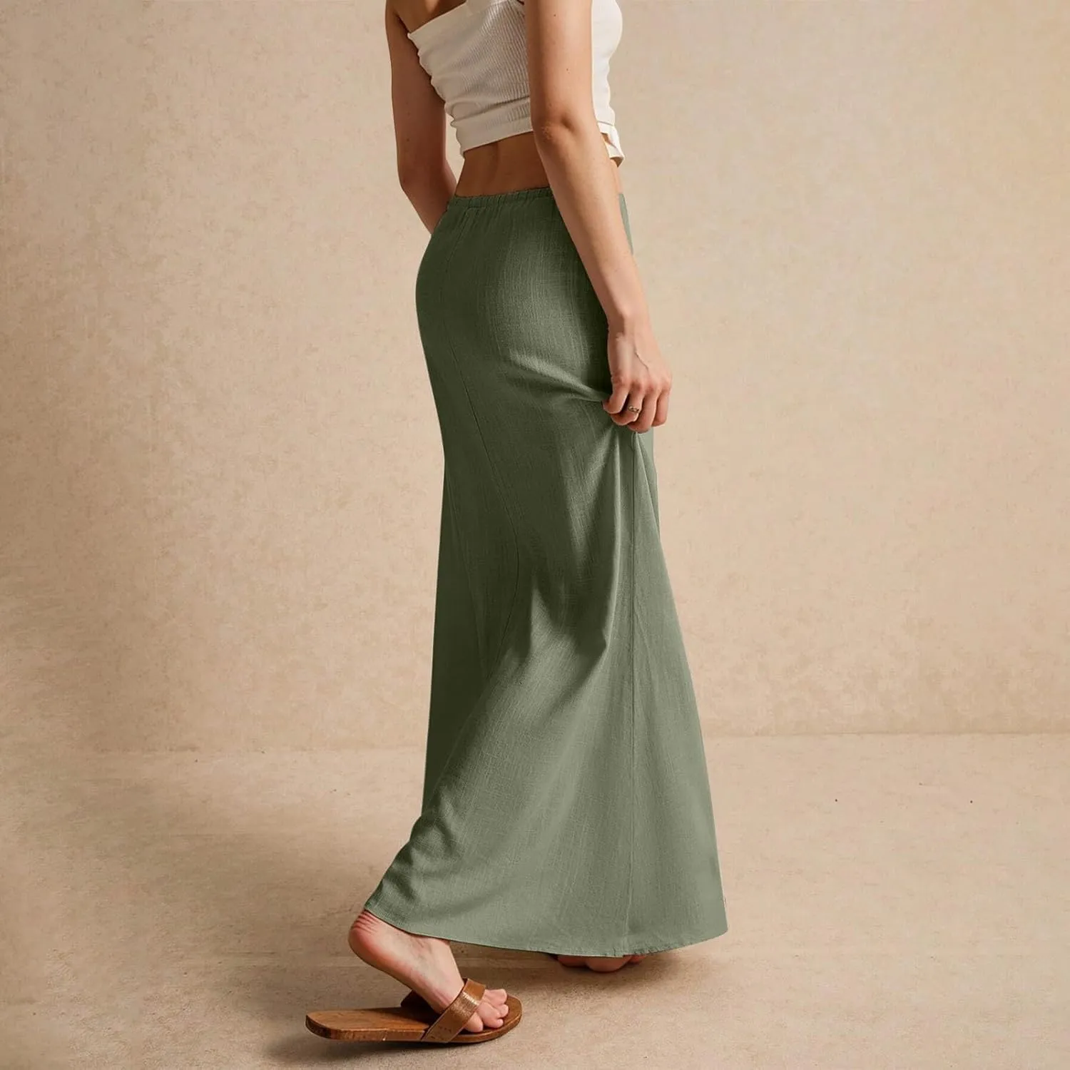 Maxi Skirt Comfy Drawstring Low Rise Womens Linen Skirt with Slit Beach Long Flowy Skirts Summer Plus Size