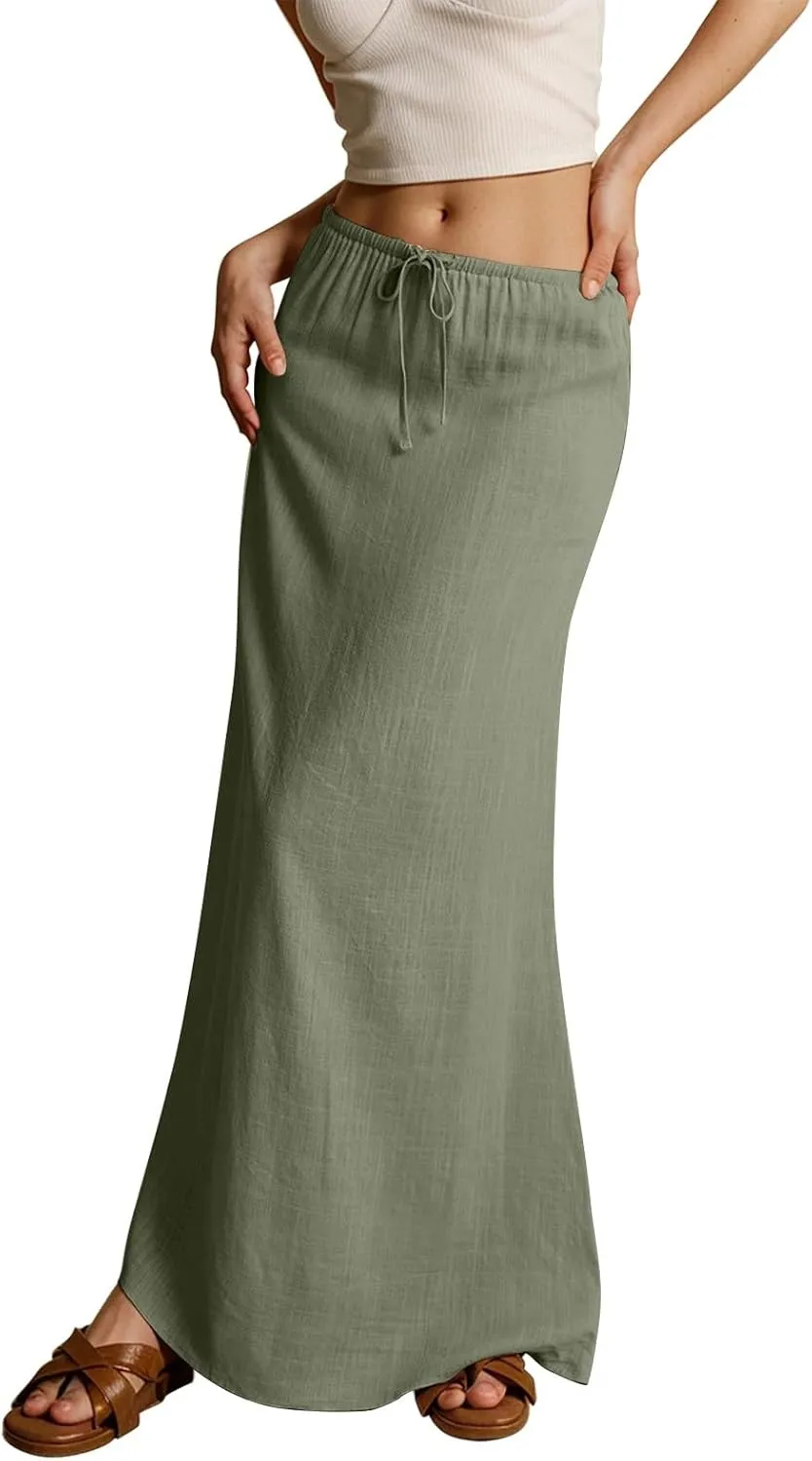 Maxi Skirt Comfy Drawstring Low Rise Womens Linen Skirt with Slit Beach Long Flowy Skirts Summer Plus Size