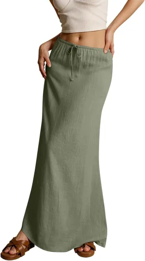 Maxi Skirt Comfy Drawstring Low Rise Womens Linen Skirt with Slit Beach Long Flowy Skirts Summer Plus Size