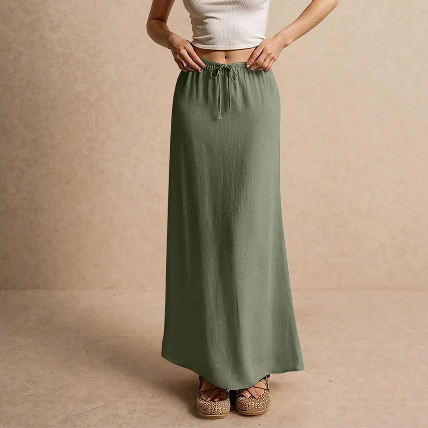 Maxi Skirt Comfy Drawstring Low Rise Womens Linen Skirt with Slit Beach Long Flowy Skirts Summer Plus Size
