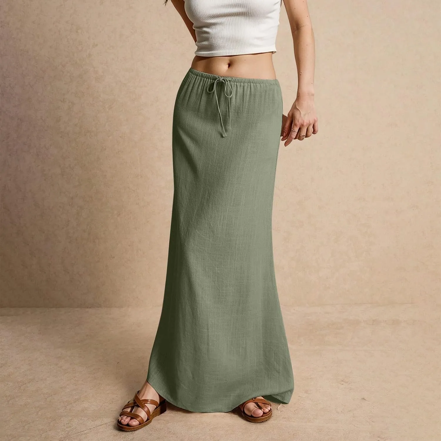 Maxi Skirt Comfy Drawstring Low Rise Womens Linen Skirt with Slit Beach Long Flowy Skirts Summer Plus Size