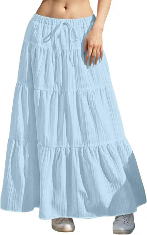 Maxi Skirt for Women 2025 Vacation Boho Flowy Swing Tiered A-Line Maxi Skirts Elastic Waist Pleated Long Beach Dress