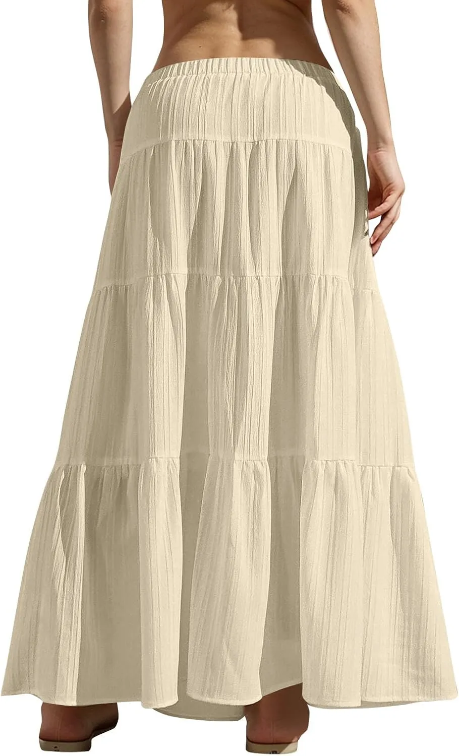 Maxi Skirts for Women Beach Boho Tiered Flowy Swing Midi Skirt Elastic Drawstring Waist Layered Pleated Long Skirt