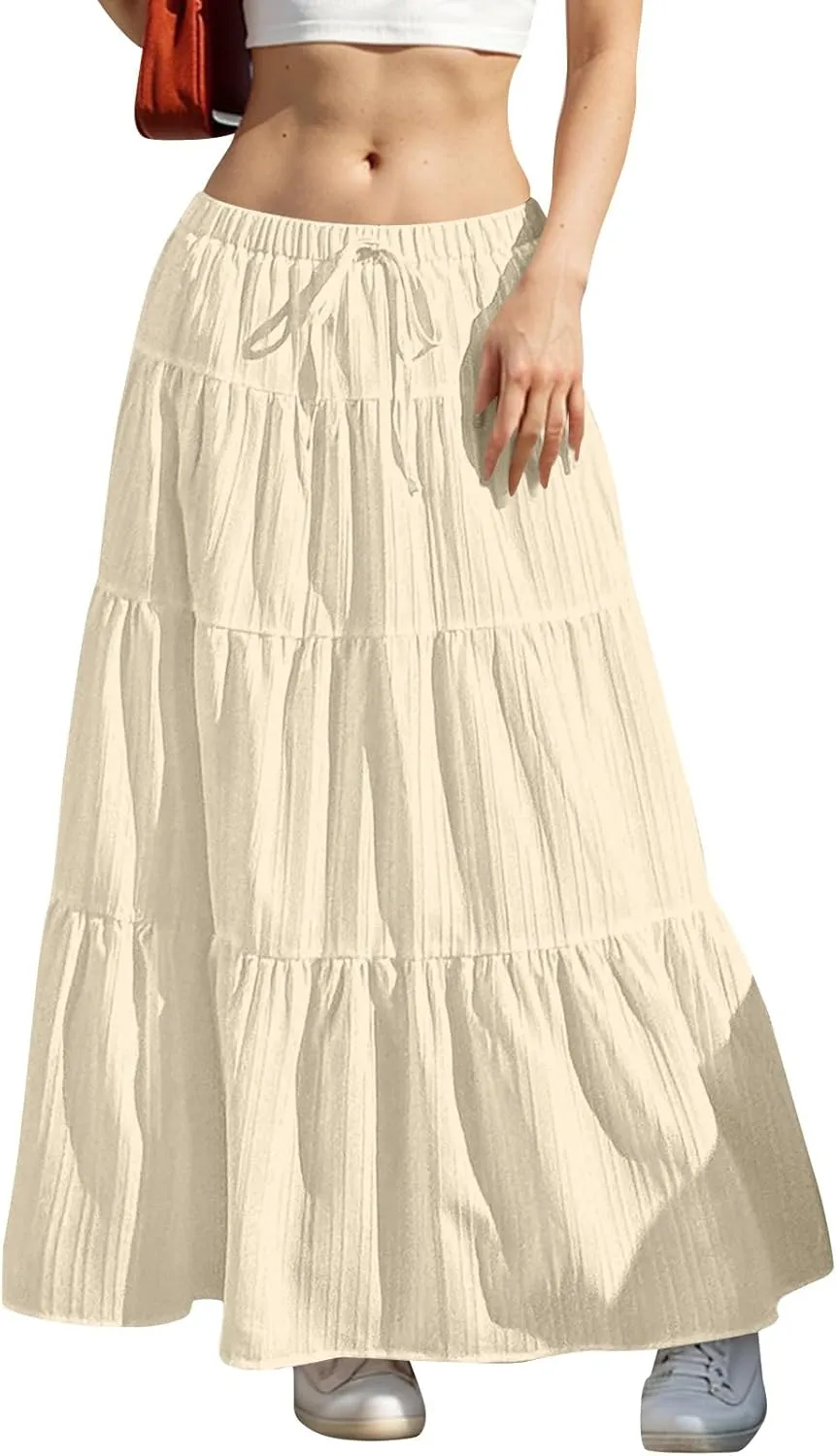 Maxi Skirts for Women Beach Boho Tiered Flowy Swing Midi Skirt Elastic Drawstring Waist Layered Pleated Long Skirt