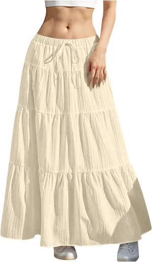 Maxi Skirts for Women Beach Boho Tiered Flowy Swing Midi Skirt Elastic Drawstring Waist Layered Pleated Long Skirt