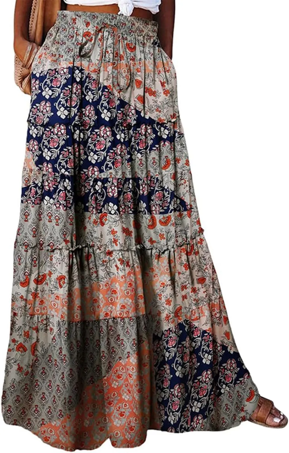 Maxi Skirts for Women Boho Floral Tiered Skirt with Pocket 2025 Summer Elastic Waist Vacation A-Line Long Skirts