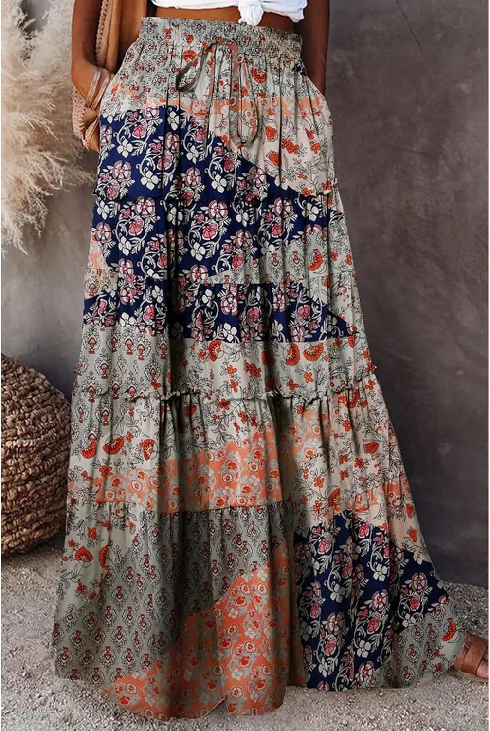 Maxi Skirts for Women Boho Floral Tiered Skirt with Pocket 2025 Summer Elastic Waist Vacation A-Line Long Skirts
