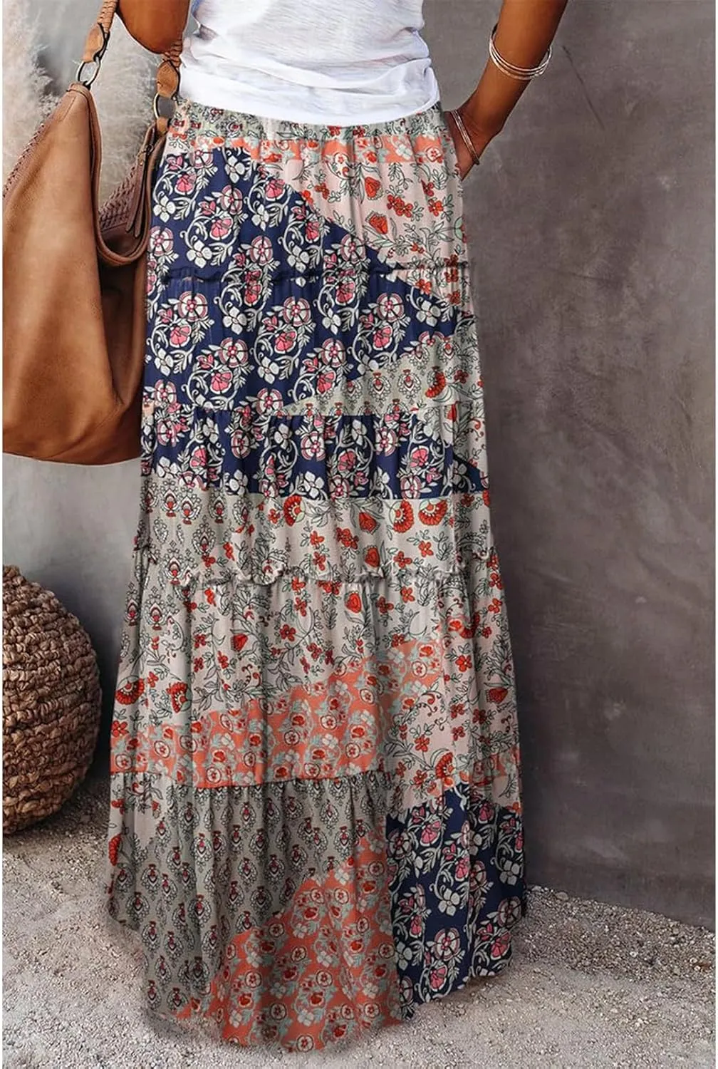 Maxi Skirts for Women Boho Floral Tiered Skirt with Pocket 2025 Summer Elastic Waist Vacation A-Line Long Skirts