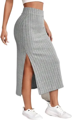 Maxi Skirts for Women High Waist Slit Ribbed Knit Skirt