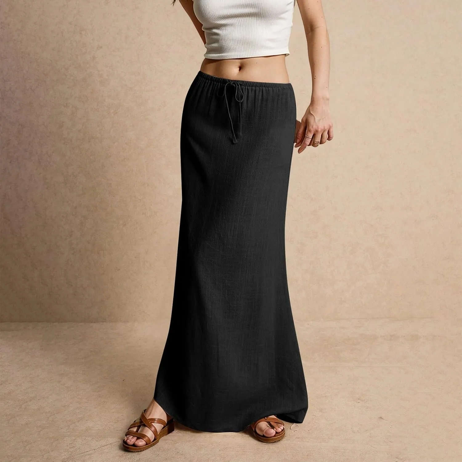 Maxi Skirts for Women Plus Size Womens Linen Skirt with Slit Comfy Drawstring Low Rise Long Flowy Skirts Summer