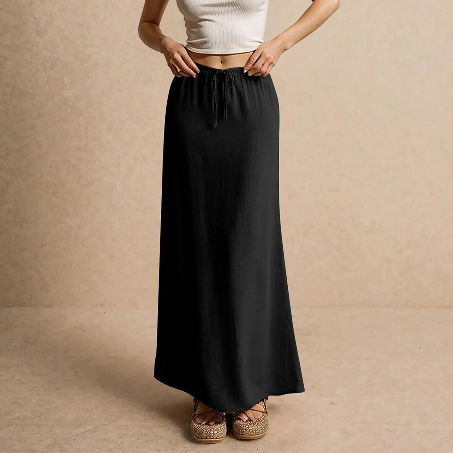 Maxi Skirts for Women Plus Size Womens Linen Skirt with Slit Comfy Drawstring Low Rise Long Flowy Skirts Summer
