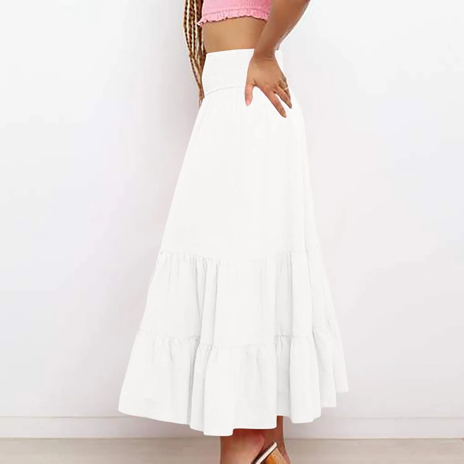 Maxi Skirts for Women Summer Boho Elastic High Waist Pleated Ruffle Tiered Skorts Casual Fashion Solid Flowy Skirt