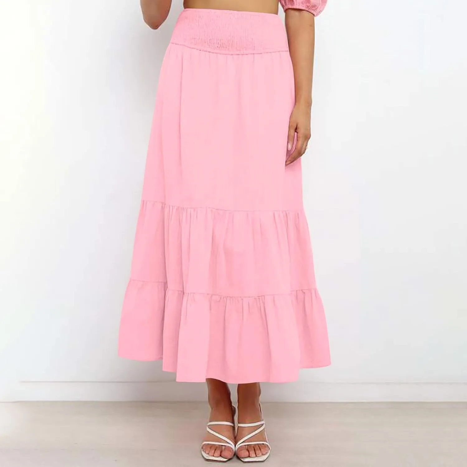 Maxi Skirts for Women Summer Boho Elastic High Waist Pleated Ruffle Tiered Skorts Casual Fashion Solid Flowy Skirt