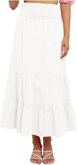 Maxi Skirts for Women Summer Boho Elastic High Waist Pleated Ruffle Tiered Skorts Casual Fashion Solid Flowy Skirt