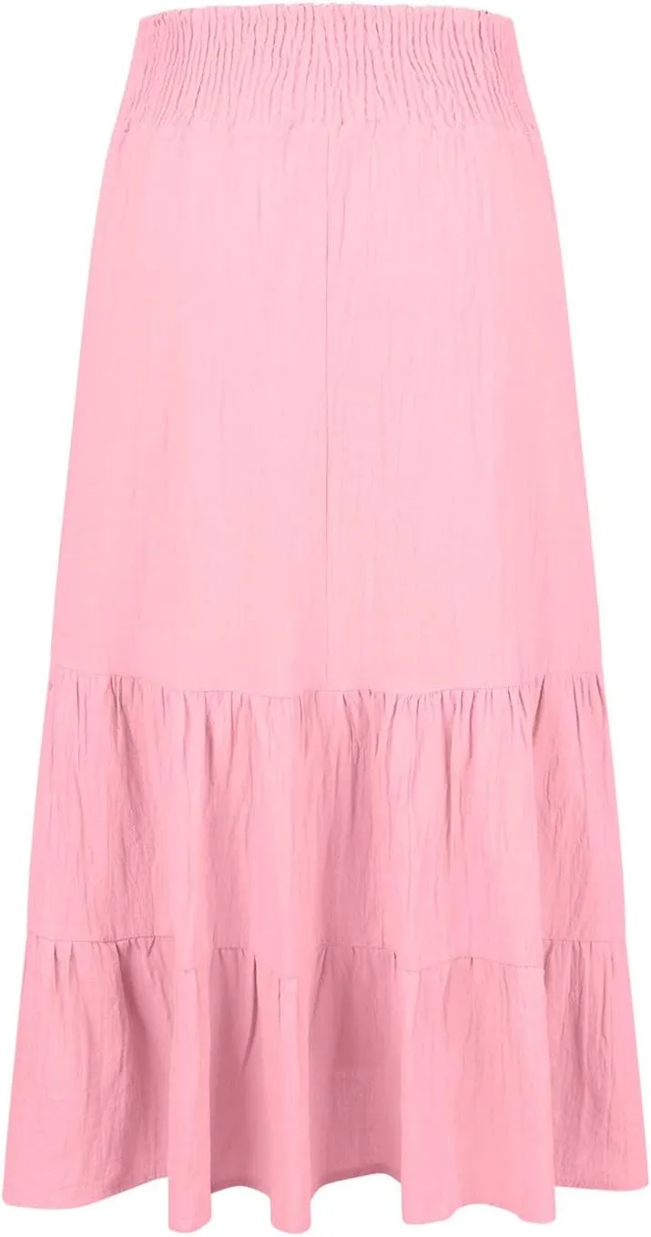 Maxi Skirts for Women Summer Boho Elastic High Waist Pleated Ruffle Tiered Skorts Casual Fashion Solid Flowy Skirt