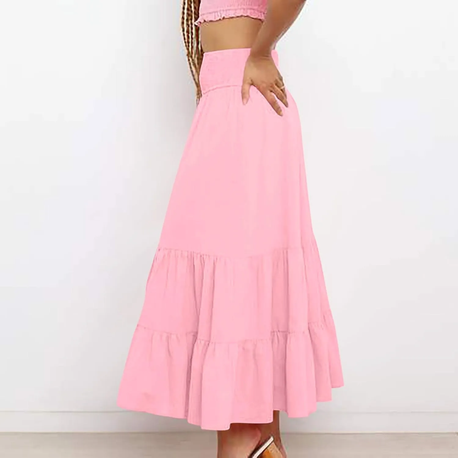 Maxi Skirts for Women Summer Boho Elastic High Waist Pleated Ruffle Tiered Skorts Casual Fashion Solid Flowy Skirt