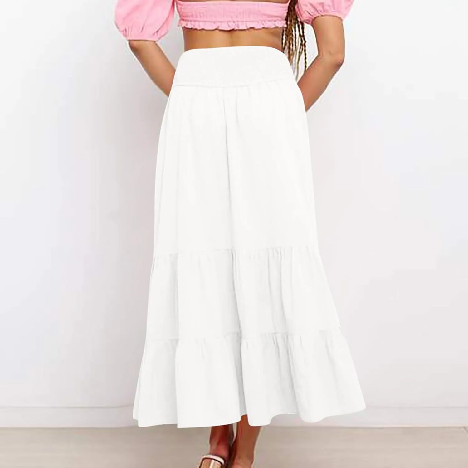 Maxi Skirts for Women Summer Boho Elastic High Waist Pleated Ruffle Tiered Skorts Casual Fashion Solid Flowy Skirt