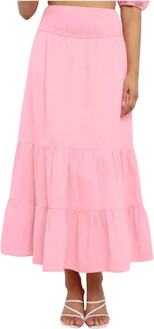 Maxi Skirts for Women Summer Boho Elastic High Waist Pleated Ruffle Tiered Skorts Casual Fashion Solid Flowy Skirt