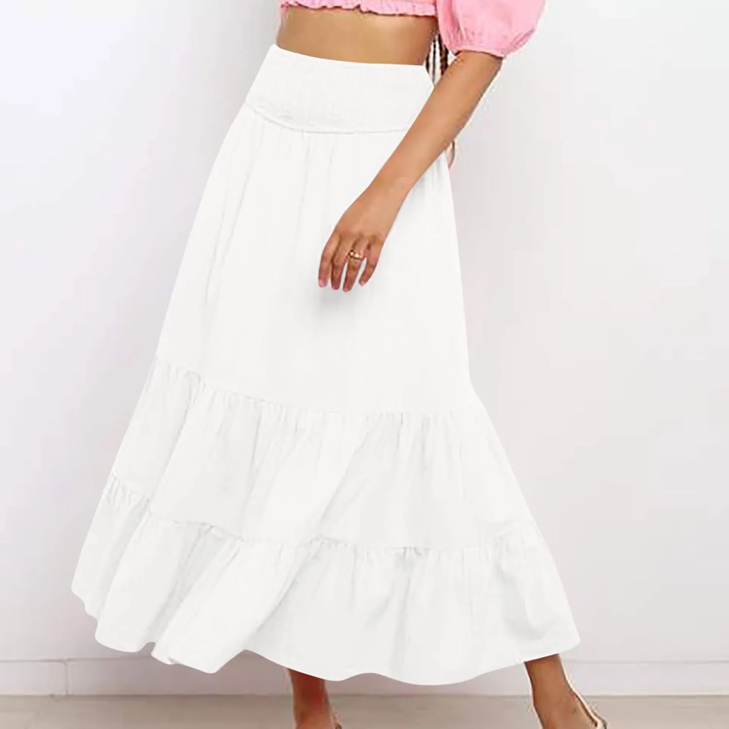 Maxi Skirts for Women Summer Boho Elastic High Waist Pleated Ruffle Tiered Skorts Casual Fashion Solid Flowy Skirt