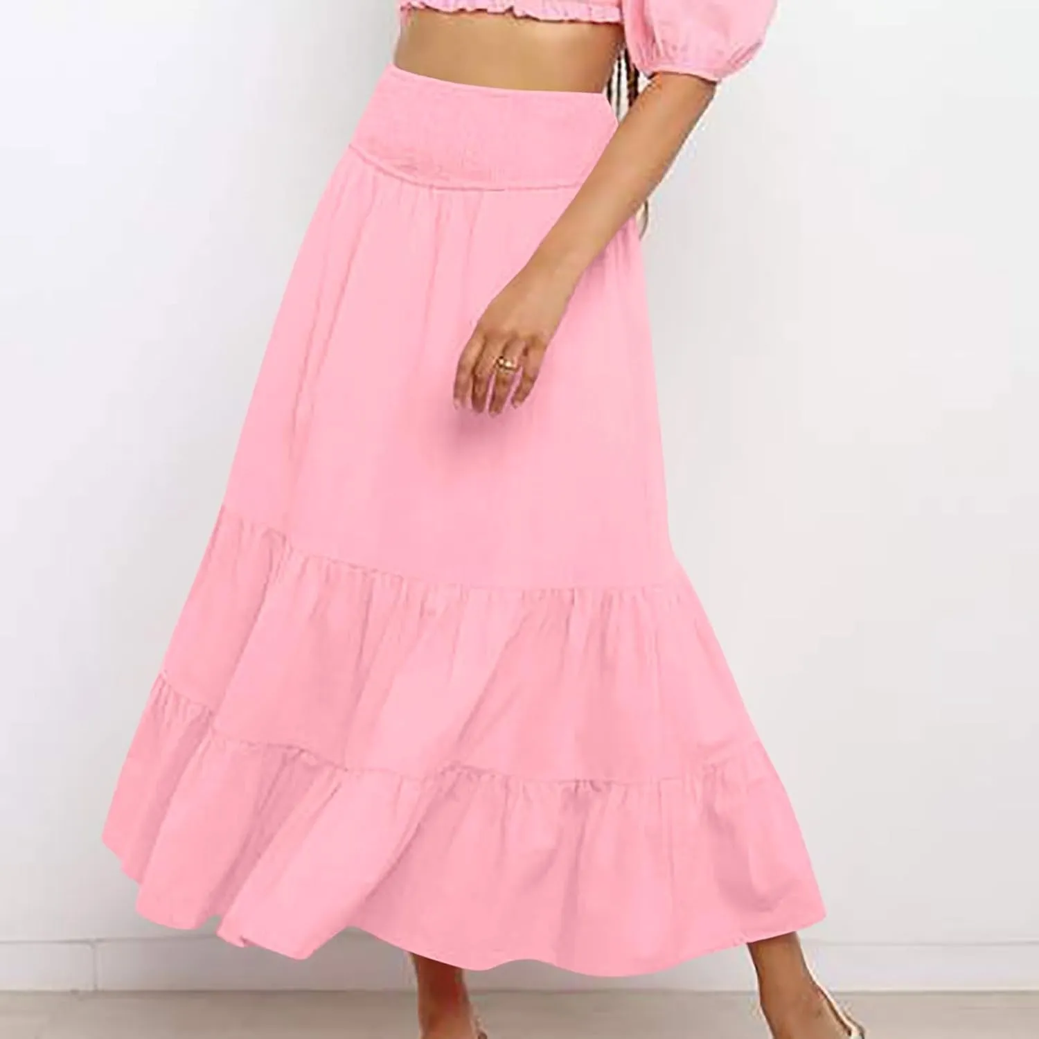 Maxi Skirts for Women Summer Boho Elastic High Waist Pleated Ruffle Tiered Skorts Casual Fashion Solid Flowy Skirt
