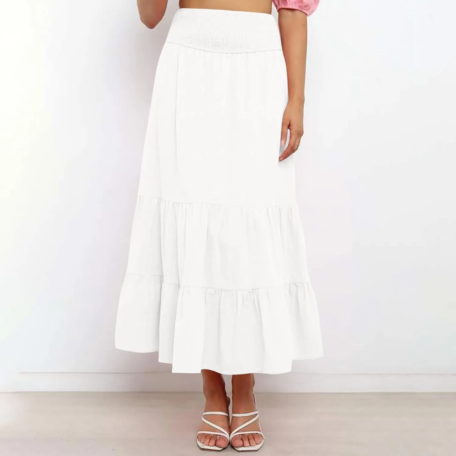 Maxi Skirts for Women Summer Boho Elastic High Waist Pleated Ruffle Tiered Skorts Casual Fashion Solid Flowy Skirt