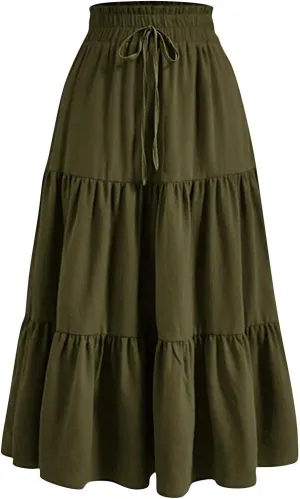 Maxi Skirts for Women Trendy Summer A Line Long Skirt Drawstring High Waisted Tiered Flowy Pleated Skirt with Pockets