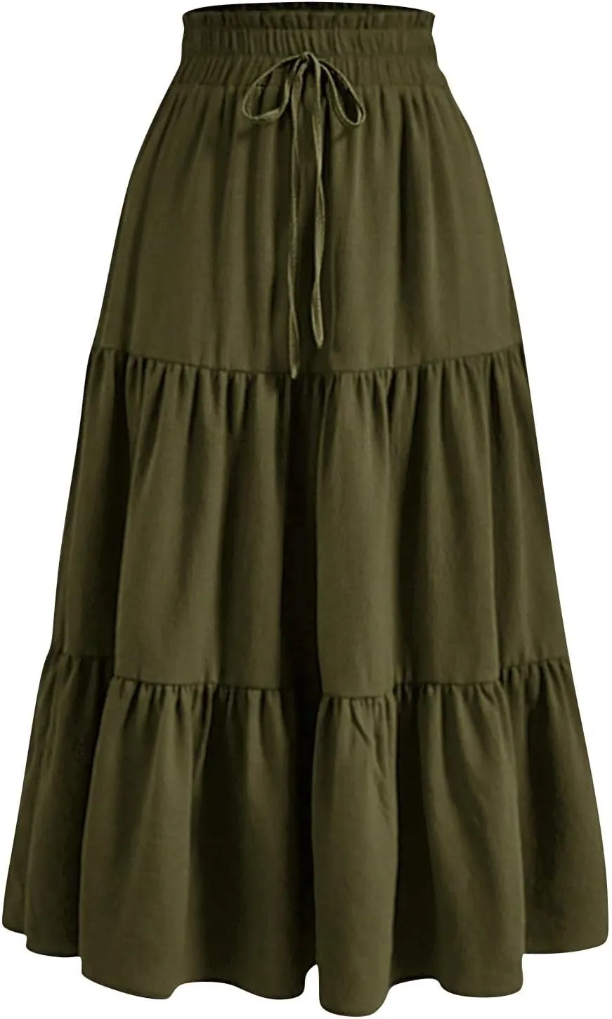 Maxi Skirts for Women Trendy Summer A Line Long Skirt Drawstring High Waisted Tiered Flowy Pleated Skirt with Pockets